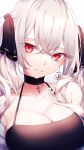  1girl absurdres azur_lane bare_shoulders breasts choker cleavage commentary_request cross cross_choker cross_earrings earrings eyebrows_visible_through_hair formidable_(azur_lane) grey_hair hair_between_eyes highres hk_nnm jewelry large_breasts looking_at_viewer mole mole_under_eye parted_lips red_eyes simple_background solo teeth twintails upper_body white_background 