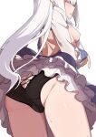  1girl ass bangs bare_back black_panties blue_dress blunt_bangs breasts commentary_request covered_eyes cowboy_shot dress fairy_knight_lancelot_(fate) fate/grand_order fate_(series) from_behind head_out_of_frame highres long_hair morisobo panties petticoat small_breasts solo sweat underwear upskirt white_hair 