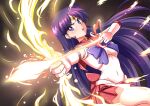  1girl absurdres archery arrow_(projectile) atawatsho bangs bishoujo_senshi_sailor_moon black_hair bow_(weapon) breasts choker circlet commentary covered_navel cowboy_shot drawing_bow earrings fire flaming_weapon gem gloves highres hino_rei holding holding_bow_(weapon) holding_weapon jewelry long_hair looking_to_the_side magical_girl mars_arrow miniskirt open_mouth outstretched_arm parted_bangs pleated_skirt purple_eyes purple_hair red_choker red_skirt sailor_mars sailor_senshi_uniform skirt solo sparkle star_(symbol) star_choker star_earrings super_sailor_mars thighs v weapon white_gloves 