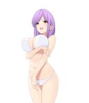  1girl absurdres arm_under_breasts bangs bare_arms bare_legs bikini blush breasts brown_eyes cleavage covered_nipples eyebrows_visible_through_hair highres large_breasts long_hair marui_koishi navel open_mouth original purple_hair sidelocks simple_background smile smole solo standing swept_bangs swimsuit white_background white_bikini 
