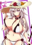  1girl absurdres algerie_(azur_lane) algerie_(white_sand_paradise)_(azur_lane) azur_lane bikini breasts brown_bikini commentary_request covered_nipples detached_collar drill_hair drill_locks eyebrows_visible_through_hair flower grey_hair hat hat_flower highres huge_breasts long_hair looking_at_viewer momohara_rile multi-strapped_bikini multiple_straps official_alternate_costume pulled_by_self purple_eyes red_flower red_rose rose shiny shiny_skin simple_background smile solo strap_pull straw_hat sun_hat swimsuit two-tone_bikini white_bikini white_flower white_rose yellow_flower yellow_rose 