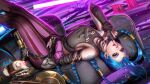  1girl arcane:_league_of_legends blue_eyes blue_hair breasts couch crop_top ear_piercing finger_to_mouth fingerless_gloves gloves gun handgun highres jinx_(league_of_legends) league_of_legends liang_xing long_hair pants piercing pistol shushing signature small_breasts solo tattoo torn_clothes torn_pants twintails upside-down very_long_hair weapon 
