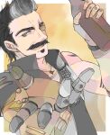  1boy animification apex_legends black_hair black_vest bottle brown_eyes commentary facial_hair fuse_(apex_legends) grey_hair holding holding_bottle male_focus mechanical_arms mustache one_eye_covered open_hand open_mouth rai_(scrambleriot) single_mechanical_arm smile solo soul_patch upper_body vest 