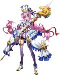  1girl blue_ribbon braid dress floating_hair full_body hair_ribbon hat hat_ribbon highres holding holding_staff knight_of_mystery_(langrisser) langrisser langrisser_mobile layered_dress long_hair official_art pink_hair purple_legwear red_ribbon ribbon shiny shiny_clothes shiny_hair shiny_legwear short_dress solo staff standing thighhighs transparent_background twin_braids twintails very_long_hair white_dress white_footwear 