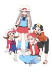  2boys 2girls :d baseball_cap black_headwear black_pants black_wristband blue_legwear blue_overalls blue_shirt bow brown_eyes brown_hair bucket_hat cabbie_hat capri_pants commentary_request ethan_(pokemon) hair_flaps hat hat_bow jacket knees leaf_(pokemon) long_hair long_sleeves loose_socks lyra_(pokemon) multiple_boys multiple_girls open_mouth overalls pants pleated_skirt pokemon pokemon_(game) pokemon_frlg pokemon_hgss pumpkinpan red_(pokemon) red_bow red_headwear red_shirt red_skirt shirt shoes short_hair skirt sleeveless sleeveless_shirt smile standing thighhighs tongue twintails white_footwear white_headwear white_legwear wristband zipper_pull_tab 