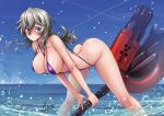  1girl adsouto alisa_ilinichina_amiella ass bikini blue_eyes blush breasts collarbone commentary god_eater highres holding holding_weapon huge_weapon large_breasts long_hair looking_at_viewer ocean partially_submerged shiny shiny_skin signature solo swimsuit water weapon wet 