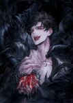  1boy apple bare_pectorals belial_(granblue_fantasy) black_hair black_jacket danhu evil_smile fangs fangs_out food fruit granblue_fantasy highres holding holding_food holding_fruit jacket looking_at_viewer male_focus open_clothes open_jacket open_mouth pectorals plant red_eyes revealing_clothes saliva short_hair smile solo thorns tongue tongue_out upper_body vines 