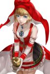  1girl apple apron bare_shoulders basket blazpu blonde_hair blue_eyes dress elbow_gloves eyebrows_visible_through_hair food frills fruit gloves golden_apple highres hood idunn_(megami_tensei) looking_at_viewer red_hood shin_megami_tensei shin_megami_tensei_v short_hair simple_background smile solo 