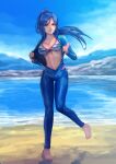  1girl abs absurdres bangs beach blue_hair blue_sky bodysuit breasts cirenk cleavage collarbone commission feet full_body hair_between_eyes high_ponytail highres knees_together_feet_apart long_hair looking_at_viewer love_live! love_live!_sunshine!! matsuura_kanan medium_breasts navel no_shoes open_wetsuit purple_eyes sand shaded_face sky solo standing standing_on_one_leg swimsuit water wetsuit 