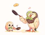  beak black_eyes closed_eyes closed_mouth commentary_request dartrix disappointed food frying_pan holding holding_frying_pan itome_(funori1) musical_note no_humans pancake pokemon pokemon_(creature) rowlet squiggle standing talons 