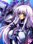  1girl 2000s_(style) :o bangs black_gloves blue_eyes blush breasts eyebrows_visible_through_hair fortified_suit gloves inia_sestina jpeg_artifacts large_breasts long_hair looking_at_viewer mecha muvluv muvluv_alternative muvluv_total_eclipse open_hand orange_eyes parted_lips pilot_suit purple_hair su-37_terminator_(muvluv) tactical_surface_fighter wpdh4443 