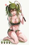  1girl absurdres ahoge anger_vein animal_hair_ornament bare_arms bare_shoulders barefoot between_legs bra breasts chibi cleavage collarbone crop_top cup dolphin_shorts drinking fangs full_body green_bra green_eyes green_hair green_nails green_shorts hair_between_eyes hair_ornament hand_between_legs highres holding holding_cup kneeling large_breasts leaf leaf_on_head long_hair looking_to_the_side midriff multiple_views navel open_mouth original racket short_shorts shorts sleeveless sports_bra sportswear stomach sweat teacup tennis_racket thighs tokkihouse two_side_up underwear white_background 