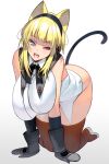  1girl absurdres animal_ears bangs blonde_hair boots breasts cat_ears cat_tail eyebrows_visible_through_hair gloves hanging_breasts headphones highres large_breasts masao one_eye_closed open_mouth original short_hair solo tail thigh_boots thighhighs white_background 