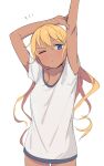  1girl ;( arms_up bangs blonde_hair blue_eyes cowboy_shot dark-skinned_female dark_skin hair_between_eyes highres long_hair looking_at_viewer no_pants original saiste shirt simple_background solo white_background white_shirt 