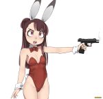  1girl angry animal_ears bad_id bad_pixiv_id bangs bare_shoulders bow bowtie brown_hair commentary detached_collar gun hair_bun highres holding holding_gun holding_weapon kagari_atsuko leotard little_witch_academia long_hair looking_at_viewer once_11h open_clothes open_mouth playboy_bunny rabbit_ears red_bow red_eyes red_suit simple_background solo standing strapless strapless_leotard symbol-only_commentary teeth upper_body upper_teeth weapon white_background wrist_cuffs 