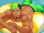  1boy absurdres ass bara black_hair crow_(siranui) facial_hair goatee green_eyes highres innertube large_pectorals looking_at_viewer male_focus male_swimwear multicolored_hair multiple_sources muscular muscular_male pectoral_press pectorals rubber_duck short_hair sideburns smile solo swim_trunks taurus_mask tokyo_afterschool_summoners topless_male undercut unfinished water wet 