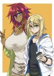  1boy 1girl blonde_hair blue_eyes border breasts commentary_request cowboy_shot cup dark-skinned_female dark_skin earrings eyebrows_visible_through_hair green_eyes hair_between_eyes holding holding_cup hood hood_down hoodie huge_breasts izuna_nie jewelry long_sleeves looking_at_viewer necklace original parted_lips shorts smile teeth two-tone_background waving white_border yellow_background 