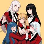  5girls black_hair black_nails blue_eyes blue_hair blue_nails blush eyebrows_visible_through_hair from_side grey_hair hanatemari_tsuzura hand_around_neck harem headband hyakkaou_academy_uniform jabami_yumeko juraku_sachiko kakegurui kakegurui_twin kiss kissing_hand kuuky momobami_ririka multiple_girls nail_polish open_mouth red_eyes saotome_meari smile sweatdrop twintails yellow_background yuri 