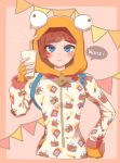  1girl bangs blue_eyes blush brown_hair burger_costume durr_burger eyebrows_visible_through_hair food-themed_clothes fortnite highres k_ybancho looking_at_viewer onesie onesie_(fortnite) pajamas simple_background smile soda solo 