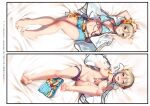  1girl :p ;d bangs bare_legs barefoot bikini bikini_around_one_leg bikini_lift blonde_hair blue_shorts breasts brown_eyes casino_(casinoep) clothes_lift dakimakura_(medium) eyebrows_visible_through_hair feet flower front-tie_bikini front-tie_top hair_between_eyes hibiscus highres idolmaster idolmaster_cinderella_girls jacket large_breasts lifted_by_self looking_at_viewer lying multiple_views navel nipples non-web_source on_back one_eye_closed red_flower shiomi_syuko short_shorts shorts shorts_removed smile soles stomach striped striped_bikini swimsuit toes tongue tongue_out white_jacket yellow_flower 