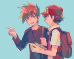 2boys backpack bag bangs baseball_cap blue_background blue_oak brown_bag brown_hair commentary_request hand_up hat holding itome_(funori1) jacket jewelry long_sleeves male_focus multiple_boys necklace open_mouth pointing pokemon pokemon_(game) pokemon_rgby red_(pokemon) shirt short_hair short_sleeves simple_background smile spiked_hair teeth tongue upper_body upper_teeth 