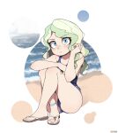  1girl anklet bad_id bad_pixiv_id beach blue_eyes blue_swimsuit closed_mouth crossed_legs diana_cavendish hand_up head_tilt highres jewelry little_witch_academia long_hair looking_at_viewer on_ground once_11h outdoors sandals school_swimsuit sitting solo swimsuit white_background white_hair 