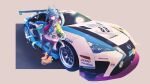  1girl ahoge animal_ears aqua_hair bangs blue_hair boots commentary gradient_hair highres hood hoodie horse_ears horse_girl horse_tail lexus_lfa long_hair matahira_takumi multicolored_hair racecar solo tail twin_turbo_(umamusume) twintails umamusume 