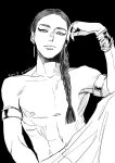  1boy armlet arms_up bracelet braid earrings elbow_on_knee ennead eyeliner greyscale highres jewelry long_hair looking_at_viewer ma2 makeup male_focus monochrome nail_polish ring seth_(ennead) single_braid sketch solo topless_male 