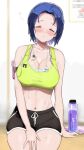  1girl =_= absurdres ahoge arm_support armband armpit_crease bangs black_shorts blurry blush bottle breasts cellphone cleavage collarbone cowboy_shot crop_top dark_blue_hair depth_of_field dolphin_shorts earphones forehead full-face_blush green_tank_top highres hitodama_(madatohi) idolmaster idolmaster_(classic) idolmaster_million_live! indoors large_breasts midriff miura_azusa navel parted_bangs phone resting short_hair shorts sitting solo sweat sweatdrop tank_top 