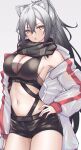  1girl :o absurdres animal_ear_fluff animal_ears arknights arm_at_side armpits bangs bare_shoulders black_hair black_scarf black_shorts blush breasts brown_eyes cat_ears cleavage coat cowboy_shot eyebrows_behind_hair gradient_hair hair_between_eyes hand_on_hip highres kushinaka large_breasts long_sleeves looking_at_viewer multicolored_hair off_shoulder open_clothes open_coat revealing_clothes scarf schwarz_(arknights) short_shorts shorts silver_hair simple_background solo underbust white_background white_coat 