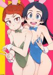  2girls absurdres animal_ears bad_id bad_pixiv_id barbara_parker bare_shoulders black_hair blue_bow blue_bowtie blue_eyes blue_suit blush bow bowtie closed_mouth detached_collar frown green_bow green_bowtie green_suit hand_on_another&#039;s_shoulder hanna_england highres little_witch_academia long_hair looking_at_viewer multiple_girls once_11h open_mouth pink_background playboy_bunny rabbit_ears red_eyes red_hair simple_background smile teeth upper_body upper_teeth v wrist_cuffs 