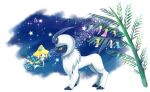  absol aki_yamane bright_pupils claws closed_mouth commentary_request highres jirachi no_humans orange_eyes pokemon pokemon_(creature) sparkle standing star_(symbol) tanabata white_fur 