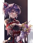  1girl bangs black_gloves blush bound bouquet breasts cleavage elbow_gloves flower gloves hair_between_eyes hair_ornament holding holding_bouquet honkai_(series) honkai_impact_3rd open_clothes open_mouth ponytail purple_eyes purple_flower purple_hair purple_rose raiden_mei raiden_mei_(danzai_spectramancer) reward_available rose shibari solo tied_up_(nonsexual) zombie-andy 
