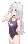  1girl absurdres bangs bare_arms bare_shoulders black_swimsuit blue_archive blush breasts closed_mouth collarbone commentary_request covered_navel eyebrows_visible_through_hair grey_hair hand_up highres hina_(blue_archive) long_hair looking_at_viewer nagisa_(cxcx5235) name_tag one-piece_swimsuit parted_bangs partial_commentary purple_eyes school_swimsuit simple_background single_hair_intake small_breasts solo swimsuit very_long_hair white_background 