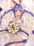  1girl animal_ears bangs blue_hair blush bouquet braid breasts check_commentary commentary_request cowboy_shot dress eyebrows_visible_through_hair floating_hair flower hair_between_eyes haruhina_purple highres holding holding_bouquet hololive long_hair parted_lips rabbit_ears red_eyes rose short_eyebrows sleeveless sleeveless_dress small_breasts smile solo standing thick_eyebrows twin_braids twintails usada_pekora veil virtual_youtuber wedding_dress white_dress white_flower white_rose 