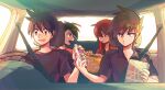  4boys bangs blue_oak bottle brown_hair car_interior collared_shirt commentary_request driving ethan_(pokemon) hair_between_eyes holding holding_bottle itome_(funori1) long_hair looking_at_another multiple_boys open_mouth pokemon pokemon_adventures red_(pokemon) red_hair seatbelt shirt short_hair short_sleeves silver_(pokemon) sitting smile spiked_hair t-shirt water_bottle window 