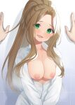  1girl binsen breasts brown_hair cleavage collarbone commentary_request forehead green_eyes highres idolmaster idolmaster_million_live! large_breasts long_hair long_sleeves looking_at_viewer medium_breasts nikaidou_chizuru nipples open_mouth ponytail shirt signature smile solo_focus sweat white_shirt 