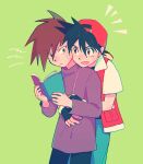  2boys backwards_hat bangs baseball_cap black_gloves black_hair blue_oak book brown_hair closed_mouth commentary_request fingerless_gloves gloves green_background green_eyes hair_between_eyes hat holding holding_book hug hug_from_behind itome_(funori1) jacket jewelry male_focus multiple_boys necklace pants pokemon pokemon_adventures purple_shirt red_(pokemon) red_eyes red_headwear shirt short_hair short_sleeves simple_background spiked_hair sweatdrop 