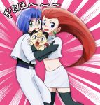  1boy 1girl blackchu_00 blue_eyes blue_hair green_eyes highres hug james_(pokemon) jessie_(pokemon) long_hair meowth pokemon pokemon_(anime) pokemon_(creature) red_hair scared very_long_hair 