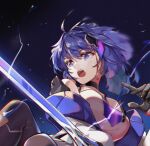  1girl :o bangs bare_shoulders black_gloves blood blood_on_face chinese_commentary commentary_request electricity gloves hair_ornament holding holding_sword holding_weapon honkai_(series) honkai_impact_3rd jacket long_hair long_sleeves open_mouth purple_eyes purple_hair raiden_mei raiden_mei_(striker_fulminata) shirt solo sword teeth weapon white_jacket white_shirt zombie-andy 