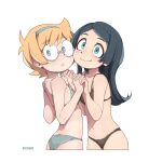  2girls aqua_bikini aqua_eyes bad_id bad_pixiv_id barbara_parker bare_shoulders bikini black_bikini black_hair blonde_hair from_side glasses highres holding_hands little_witch_academia long_hair looking_at_viewer lotte_jansson multiple_girls once_11h short_hair simple_background smile standing swimsuit upper_body white_background 