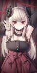  1girl armpits bangs breasts cleavage closed_mouth demon_girl detached_sleeves eyebrows_visible_through_hair horns large_breasts long_hair long_sleeves looking_at_viewer original red_eyes ribbon rot_lapin smile solo white_hair 