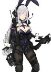  1girl absurdres ak-12 ak-12_(girls&#039;_frontline) animal_ears assault_rifle between_breasts black_legwear blue_leotard blue_necktie braid breasts closed_eyes commentary_request fake_animal_ears french_braid girls&#039;_frontline gun headset highleg highleg_leotard highres kalashnikov_rifle large_breasts leotard long_hair necktie necktie_between_breasts pantyhose playboy_bunny pz-15 rabbit_ears rifle shrug_(clothing) silver_hair smersh solo thigh_strap weapon wrist_cuffs 