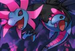  aki_yamane black_eyes blurry commentary_request energy fangs highres hydreigon multiple_heads no_humans open_mouth pokemon pokemon_(creature) purple_eyes signature solo tongue 