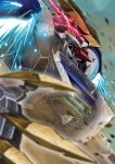  blurry blurry_foreground claws from_side glowing glowing_eye gundam gundam_barbatos gundam_barbatos_lupus_rex gundam_tekketsu_no_orphans highres mecha mobile_suit no_humans open_hand red_eyes science_fiction shimashun solo v-fin 
