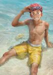  1boy abs absurdres beitemian commentary_request goggles goggles_on_head highres itadori_yuuji jewelry jujutsu_kaisen looking_at_viewer male_focus necklace sanpaku short_hair sitting smile solo swimsuit topless_male yellow_swimsuit 
