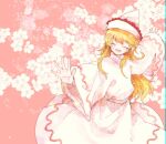 1girl bangs blonde_hair bow closed_eyes dress eyebrows_visible_through_hair hat highres itomugi-kun lily_white long_hair long_sleeves open_mouth red_bow smile solo touhou white_dress white_headwear white_sleeves wide_sleeves wings 