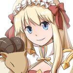  1girl arch_bishop_(ragnarok_online) bangs baphomet_jr blonde_hair blue_eyes bow cleavage_cutout clothing_cutout commentary_request cross dress eyebrows_visible_through_hair frilled_hairband frills goat grin hair_bow hairband long_hair looking_at_viewer natsuya_(kuttuki) ragnarok_online red_bow simple_background smile two-tone_dress upper_body white_background white_dress 