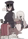  2girls akitsu_maru_(kancolle) bag bangs barefoot black_eyes black_hair black_headwear blue_eyes blush boss_coffee breasts brick can canned_coffee cup_ramen eating food hair_between_eyes hat hibiki_(kancolle) holding holding_can kantai_collection kokoyashi large_breasts long_hair long_sleeves multiple_girls noodles pants plastic_bag red_pants sailor_collar school_uniform serafuku shoes simple_background sitting skirt sneakers steam sweatpants white_background white_footwear white_hair 