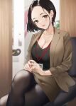  1girl :d black_hair black_legwear black_shirt blurry blush breasts brown_jacket brown_skirt cleavage collarbone crossed_legs depth_of_field earrings forehead ganbare_douki-chan head_tilt indoors jacket jewelry lanyard large_breasts looking_at_viewer on_chair open_clothes open_jacket pantyhose pencil_skirt plunging_neckline poko_(user_nyfd7873) senpai-san_(douki-chan) shirt short_hair sitting skirt smile solo v-neck 